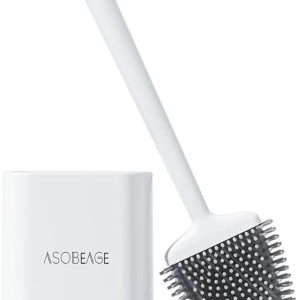ASOBEAGE Toilet Brush, Deep Cleaner Silicone Toilet Brushes with Flexible Bristles, Toilet Brush with Quick Drying Holder Set for Bathroom（White）